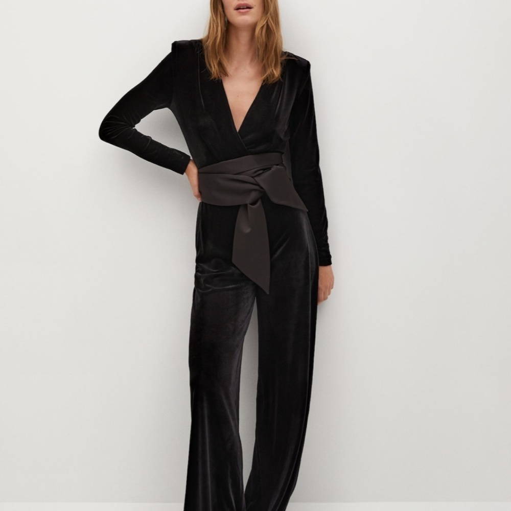 MANGO Velvet Jumpsuit with Bow